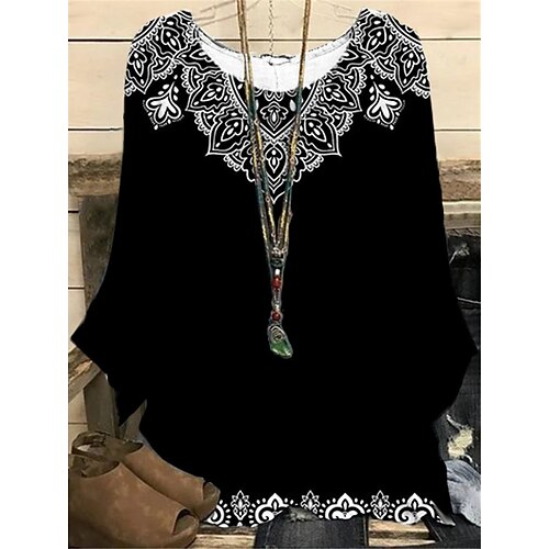 

Women's Plus Size Tops Blouse Shirt Floral Color Block Print Long Sleeve Crewneck Casual Daily Going out Polyester Fall Winter Black Yellow / 3D Print
