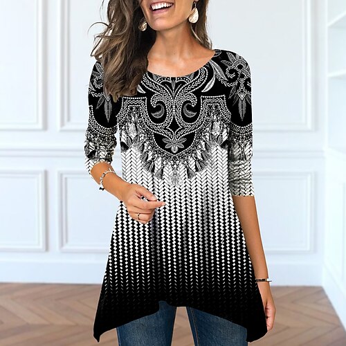 

Women's T shirt Tee Green Blue Purple Graphic Flowing tunic Print Long Sleeve Casual Weekend Basic Round Neck Long Painting S / 3D Print
