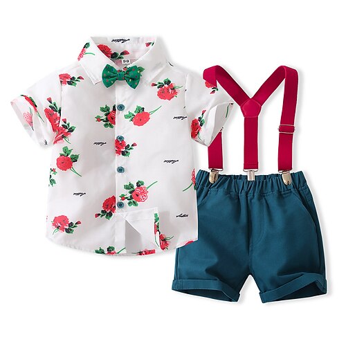 

Toddler Boys Shirt Shorts Clothing Set 2 Pieces Short Sleeve White Floral Gentle 1-5 Years