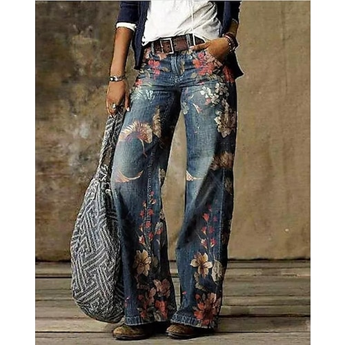 

модные женские брюки-кюлоты широкие джинсы широкие штаны с принтом длинные брюки повседневные выходные микроэластик цветок / цветочный принт комфорт свободный синий хаки 2xl