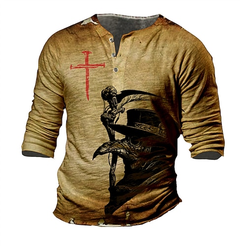 

Men's T shirt Tee Henley Shirt Tee Graphic Animal Henley Brown Long Sleeve 3D Print Plus Size Outdoor Daily Button-Down Print Tops Basic Designer Casual Classic / Summer / Spring / Summer / Sports