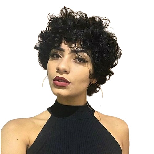 

Short Curly Human Hair Wigs For Black Women Peruvian Remy Full Wigs With Bangs Bouncy Curl Blond Red Black Cosplay Wigs