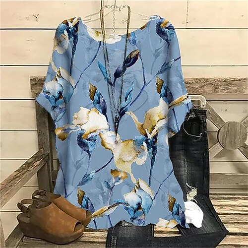 

Women's Plus Size Tops Blouse Shirt Floral Print Short Sleeve Crewneck Streetwear Daily Vacation Polyester Spring Summer Green Blue