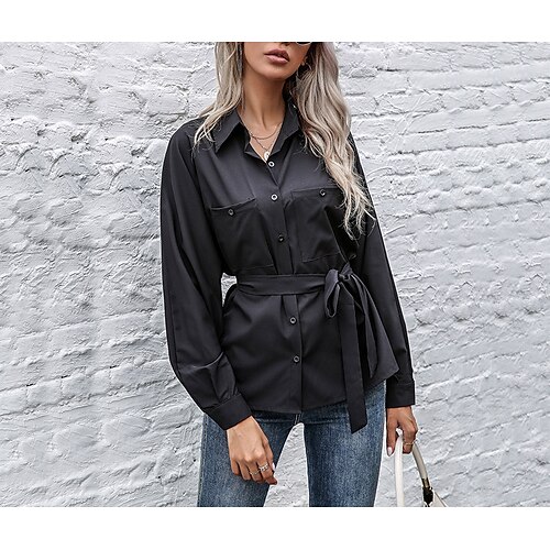 

Women's Blouse Plain Daily Weekend Blouse Shirt Long Sleeve Pocket Button Shirt Collar Casual Streetwear Black Wine S