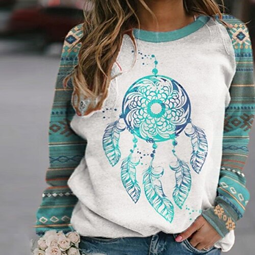 

Women's Plus Size Tops Pullover Sweatshirt Geometry Print Long Sleeve Crewneck Streetwear Daily Vacation Polyester Fall Winter Green Blue