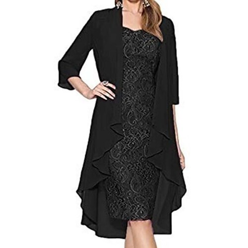 

Vestido feminino de duas peças vestido na altura do joelho marrom 3/4 de comprimento manga cor pura renda outono inverno gola redonda elegante maduro 2022 5xl
