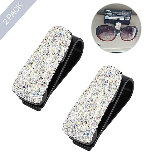 

Sunglass Holder for Car Sun Visor 2 Pack Glasses Holder Clip Hanger Eyeglasses Mount for Car with Bling Rhinestones Crystal Ticket Card Clip