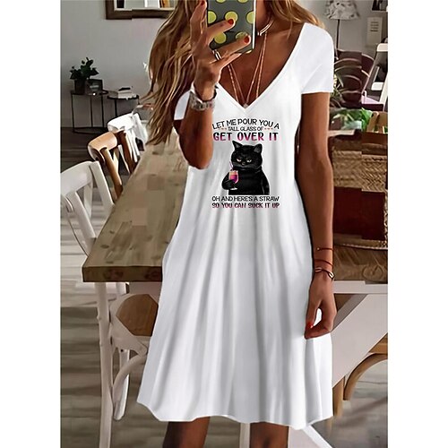 

Women's Casual Dress Shift Dress Short Mini Dress White Black Gray Short Sleeve Cat Letter Animal Print Spring Summer V Neck Elegant Casual Vacation 2022 S M L XL XXL 3XL