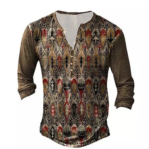 

Men's T shirt Tee Henley Shirt Tee Graphic Tribal Henley Brown Long Sleeve 3D Print Plus Size Outdoor Daily Button-Down Print Tops Basic Boho Designer Classic / Sports