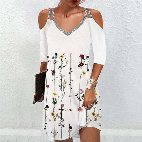 

Women's Casual Dress Green White 3/4 Length Sleeve Floral Sequins Spring Summer Spaghetti Strap Fashion 2022 S M L XL XXL 3XL