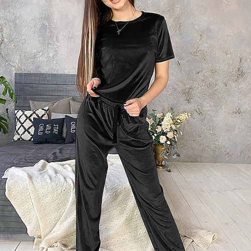 

Women's Loungewear Sets 2 Pieces Pure Color Comfort Soft Home Daily Polyester Crew Neck Short Sleeve Pant Pocket Winter Fall Black