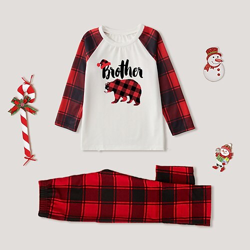 

2 Pieces Kids Boys Christmas Clothing Set Outfit Animal Plaid Letter Long Sleeve Patchwork Set Indoor Daily Casual Fall Spring 2-8 Years White