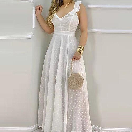 

Women's A Line Dress Swing Dress Maxi long Dress White Pink Sleeveless Polka Dot Pure Color Backless Ruffle Spring Summer Spaghetti Strap Fashion Modern 2022 S M L XL