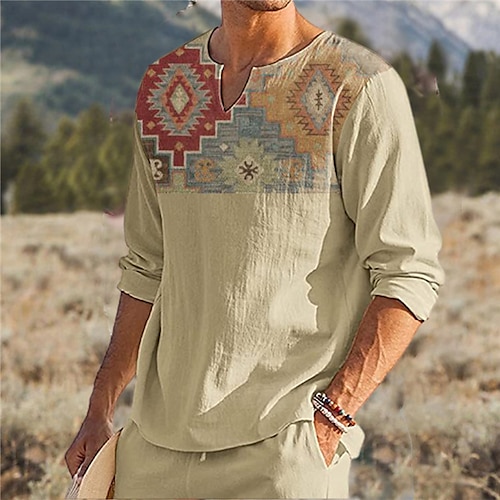 

Men's Unisex T shirt Tee 3D Print Geometric Graphic Prints V Neck Street Daily Print Long Sleeve Tops Designer Ethnic Style Lightweight Fashion Khaki