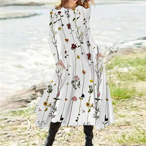 

Women's A Line Dress Midi Dress White Gray Pink Long Sleeve Floral Pocket Print Fall Winter Round Neck Casual Vacation 2022 S M L XL XXL 3XL