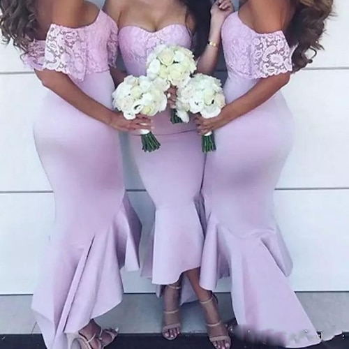 

Mermaid / Trumpet Bridesmaid Dress Sweetheart Neckline / Off Shoulder Short Sleeve Beautiful Back Asymmetrical / Floor Length Lace / Stretch Chiffon with Pleats / Solid Color 2022