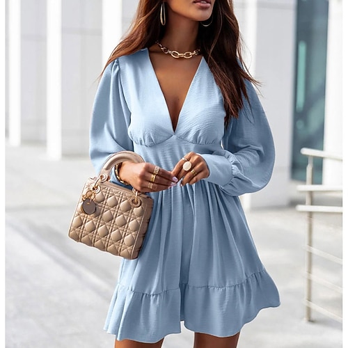 

Women's A Line Dress Sheath Dress Short Mini Dress Black Blue Pink Khaki Long Sleeve Pure Color Ruched Ruffle Patchwork Fall Winter V Neck Fashion Modern 2022 S M L XL XXL / Cotton