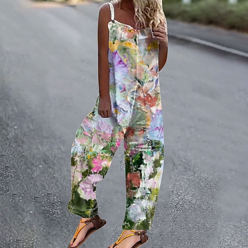 

Women's Pants Trousers Jumpsuit Rompers Purple-Blue Green Blue Mid Waist Fashion Casual Weekend Print Micro-elastic Full Length Comfort Flower / Floral S M L XL XXL