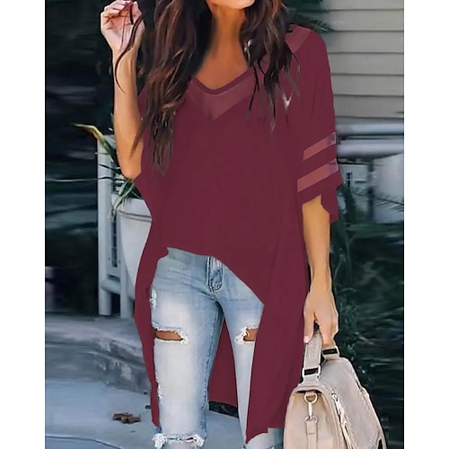 

Women's Shirt Plain Holiday Weekend Shirt 3/4 Length Sleeve Patchwork Asymmetric V Neck Casual Streetwear Green White Blue S