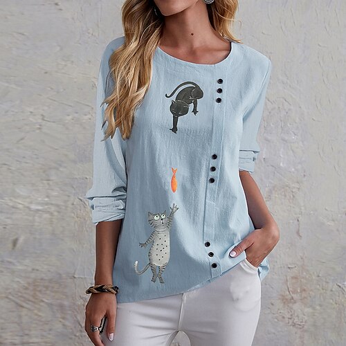 

Women's T shirt Tee Cat Daily Weekend Cat Painting T shirt Tee Long Sleeve Button Print Round Neck Basic Blue Beige S / 3D Print