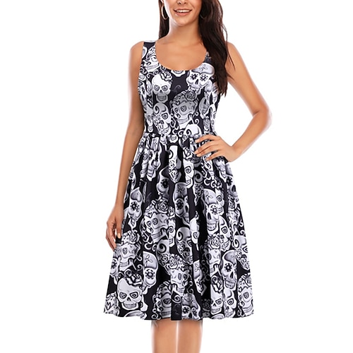 

Women's A Line Halloween Dress Swing Dress Knee Length Dress Black Sleeveless Abstract Skull Skeleton Ruched Print Fall Winter U Neck Stylish Vintage 2022 S M L XL XXL / Summer