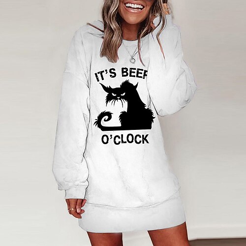 

Women's T Shirt Dress Tee Dress Shift Dress Short Mini Dress White Long Sleeve Cat Letter Animal Print Fall Winter Round Neck Casual Loose 2022 S M L XL XXL 3XL / Cotton