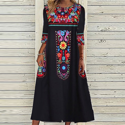 

Women's Casual Dress Shift Dress Midi Dress Black Yellow 3/4 Length Sleeve Floral Ruched Fall Spring Autumn 2022 S M L XL XXL 3XL