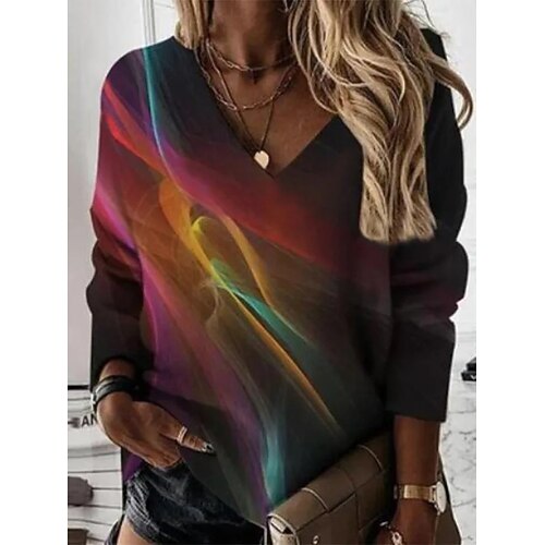 

Women's T shirt Tee Graphic Casual Weekend T shirt Tee Long Sleeve Print V Neck Basic Red S / 3D Print