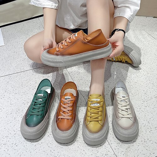 

Women's Sneakers Outdoor Daily Comfort Shoes Summer Lace-up Flat Heel Round Toe Casual Walking Shoes PU Leather Lace-up Solid Colored Green Yellow Orange