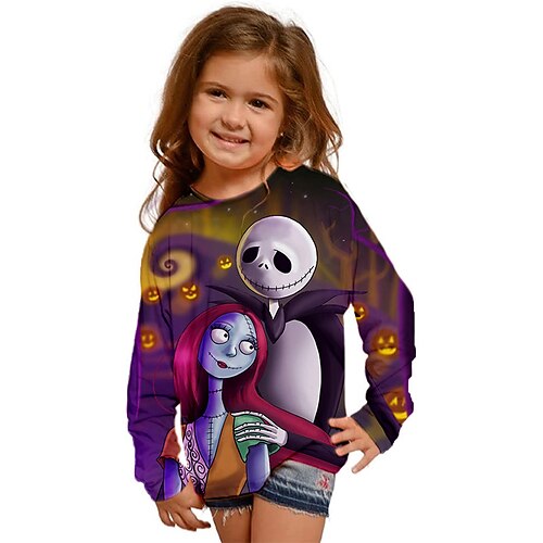 

The Nightmare Before Christmas Kids Girls' Ugly Christmas T shirt Skull Outdoor 3D Print Long Sleeve Active 3-12 Years Winter Green Purple Yellow