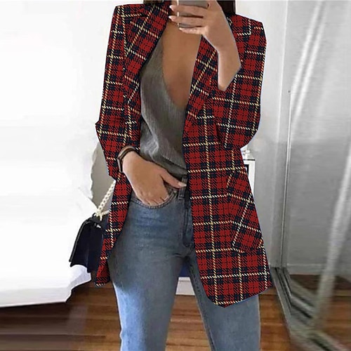 

Women's Blazer Breathable Office Work Open Front Turndown Formal Stripes and Plaid Regular Fit Outerwear Long Sleeve Winter Fall Red S M L XL XXL 3XL