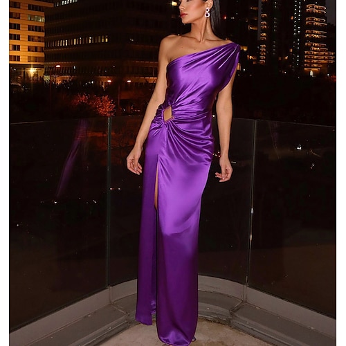

Women's Party Dress Maxi long Dress Purple Sleeveless Pure Color Split Zipper Hollow To Waist Spring Summer One Shoulder Modern Party 2022 S M L XL