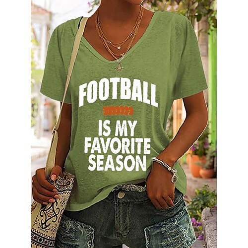 

Women's T shirt Tee Green Blue Fuchsia Print Short Sleeve Casual Weekend Basic V Neck Regular Football Is My Favorite Season Painting S