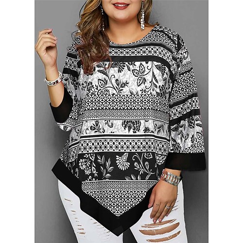 

Women's Plus Size Tops Blouse Floral Print Long Sleeve Crewneck Vintage Streetwear Daily Going out Cotton Fall Winter Black Blue