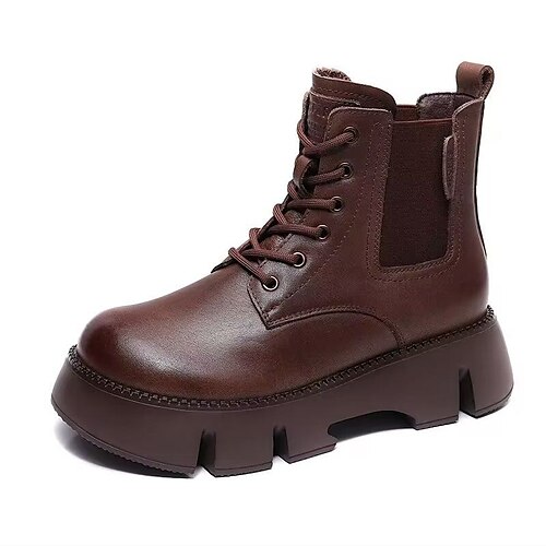

Women's Boots Daily Combat Boots Booties Ankle Boots Chunky Heel Round Toe Vintage Casual Walking Shoes Leather Lace-up Solid Colored Dark Brown Black Khaki