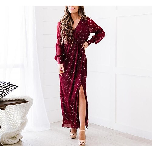 

Women's Party Maxi long Dress Long Sleeve Pure Color Split Fall Winter V Neck Elegant Vacation 2022 Dress
