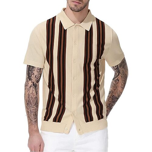 

Men's Shirt Striped Turndown Street Casual Button-Down Short Sleeves Tops Casual Fashion Breathable Comfortable Beige