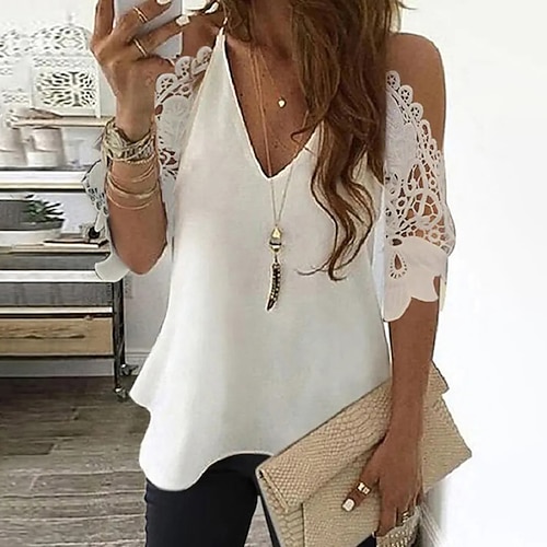 

Women's T shirt Tee Plain Casual Weekend T shirt Tee Half Sleeve Lace Patchwork Cold Shoulder V Neck Basic White S