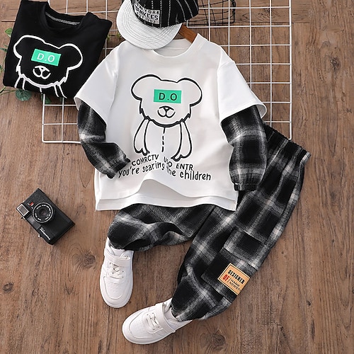 

2 Pieces Kids Boys T-shirt & Pants Clothing Set Outfit Plaid Bear Long Sleeve Cotton Set Vacation Fashion Cool Winter Fall 2-12 Years Black White