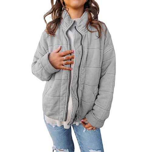 

Women's Casual Jacket Warm Outdoor Daily Wear Vacation Zipper Zipper Stand Collar Casual Comfortable Solid Color Regular Fit Outerwear Long Sleeve Winter Fall Black Khaki Sky Blue S M L XL XXL