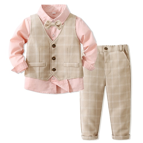 

3 Pieces Toddler Boys Shirt & Pants Clothing Set Outfit Plaid Long Sleeve Set Gentle Fall Spring 1-5 Years Khaki