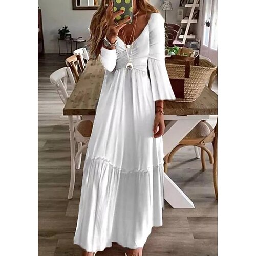 

Women's Knit Dress Maxi long Dress White 3/4 Length Sleeve Pure Color Ruched Fall Winter V Neck Elegant Modern 2022 3XL