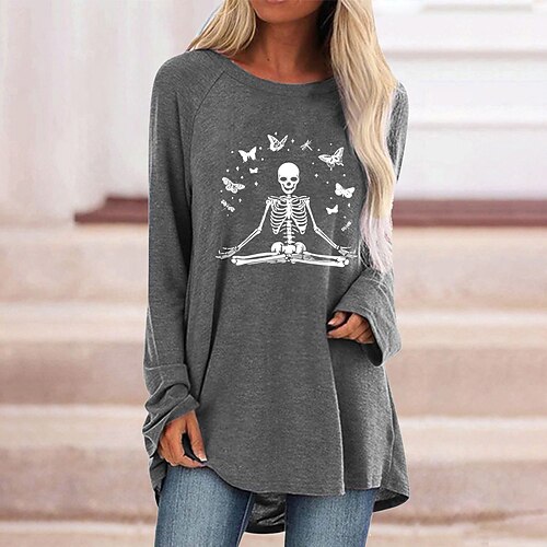 

Women's T shirt Tee Butterfly Skull Daily Weekend Butterfly Painting T shirt Tee Long Sleeve Print Round Neck Basic Green Black Blue S
