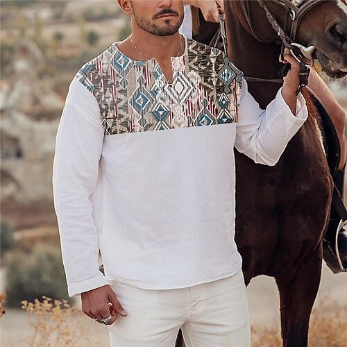 

Men's Unisex T shirt Tee 3D Print Tribal Graphic Prints V Neck Street Daily Print Long Sleeve Tops Designer Basic Casual Big and Tall White