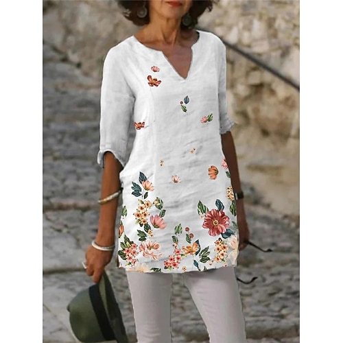 

Women's Shirt Floral Casual Daily Floral Shirt 3/4 Length Sleeve Print V Neck Green White Gray S / 3D Print