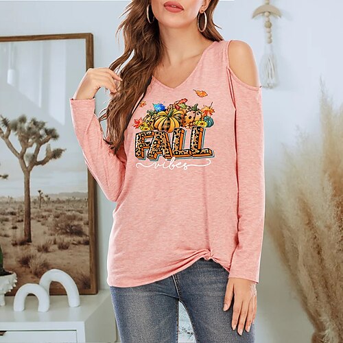 

Women's T shirt Tee Leopard Text Pumpkin Halloween Weekend Painting T shirt Tee Long Sleeve Cut Out Print V Neck Basic Blue Gray Pink S