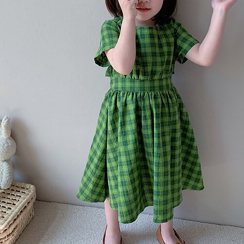 

Kids Little Girls' Dress Plaid A Line Dress Daily Holiday Green Midi Short Sleeve Princess Beautiful Dresses Spring Summer Regular Fit 3-10 Years