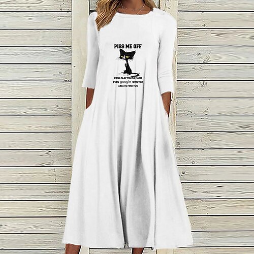 

Women's Casual Dress Shift Dress Midi Dress White 3/4 Length Sleeve Cat Letter Animal Ruched Print Fall Winter Round Neck Casual Vacation 2022 S M L XL XXL 3XL