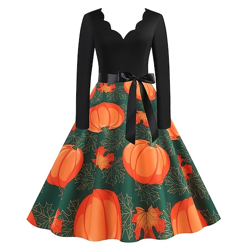 

Women's A Line Halloween Dress Swing Dress Knee Length Dress Black Blue Orange Long Sleeve Print Pumpkin Patchwork Bow Print Fall Winter V Neck Fashion Vintage 2022 S M L XL XXL