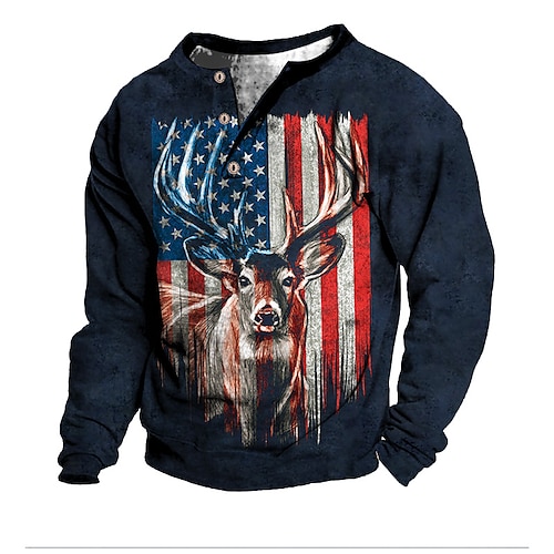 

Men's Unisex Sweatshirt Pullover Button Up Hoodie Navy Blue Elk Graphic Prints National Flag Print Casual Daily Sports 3D Print Designer Casual Big and Tall Spring & Fall Clothing Apparel Hoodies